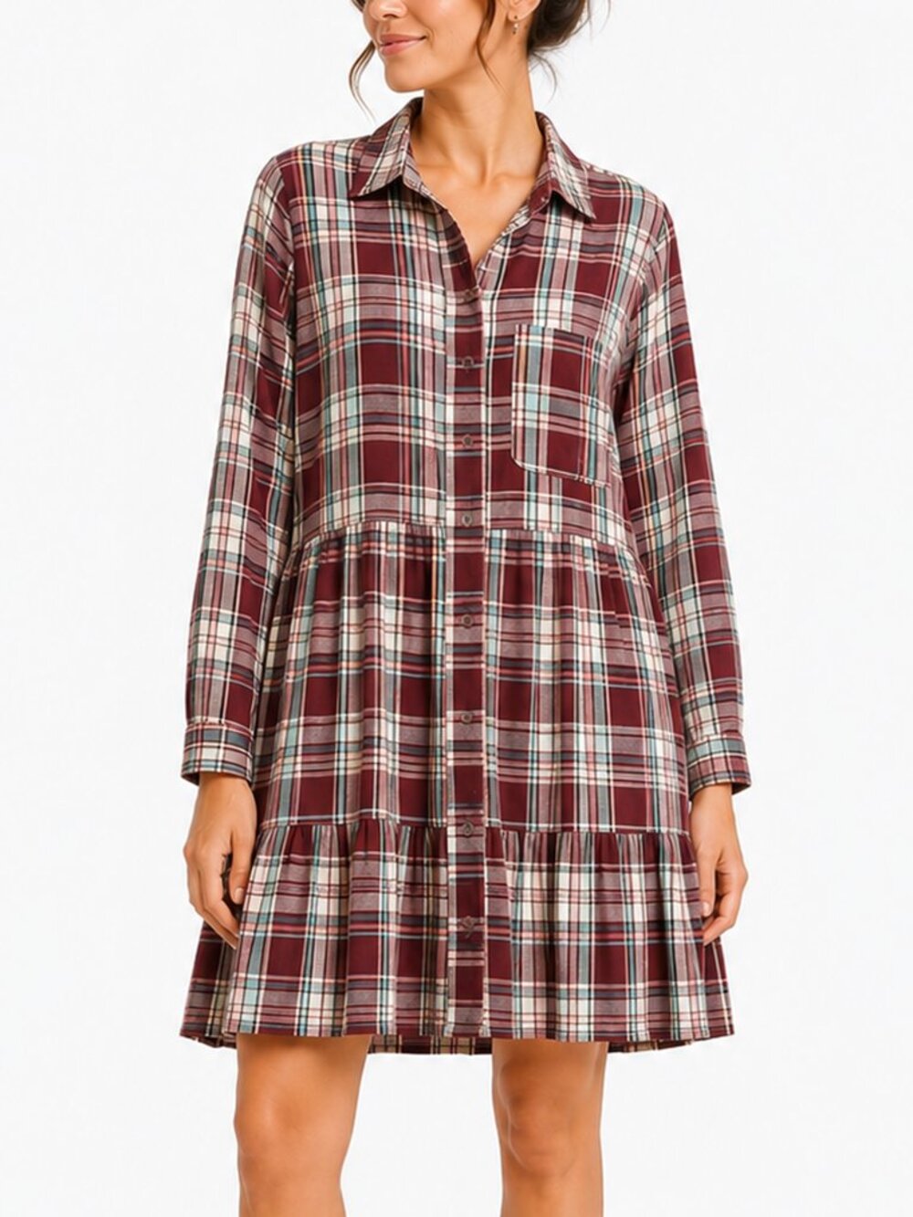 LOFT Petite Plaid Tiered Shirt Dress SP Burgundy Button Front Long Sleeve Rayon